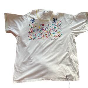 VINTAGE 90s Swan Magic T Shirt Size 2X Hand Embroidered Flowed Birds Colorful